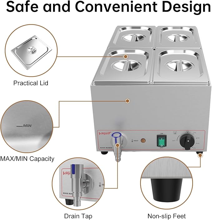 Valgus Commercial Stainless Steel 4 Sections Bain Marie Food Warmer 16 Qt Buffet Server with Lid and Tap for Home, Catering, Restaurants
