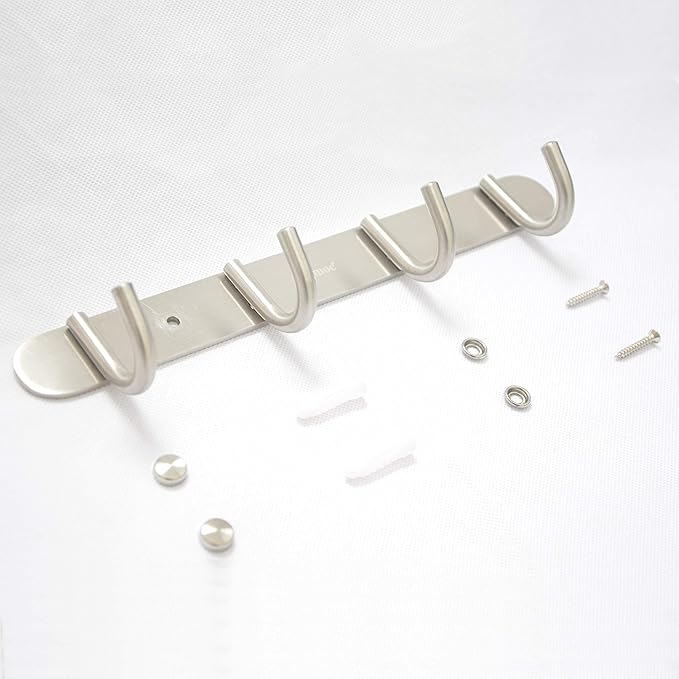 Towel Hook Rack Brushed Nickel - Sagmoc 11-Inch Coat Hook Rail Wall Mounted with 4 Hooks, Durable Wall Hangers for Bedroom, Bathroom, Foyer, Hallway (304 Stainless Steel)