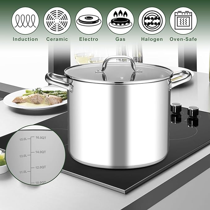 Leonyo 16 Quart Stock Pot With Lid, 18/10 Stainless Steel Stockpot, large Induction Cooking Pot with Visible Lid for Pasta, Soup, Spaghetti, Tri-Ply Bottom & Heavy Duty, Various Stovetops Suitable