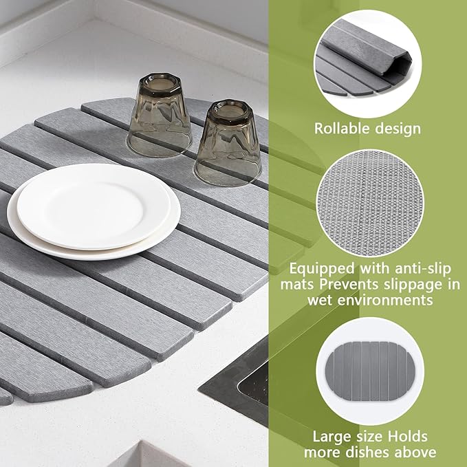 Quick Dry Stone Mat, Stone Drying Mat for Kitchen Counter, Large Dish Drying Mat - Diatomaceous Earth Dish Drying Mats, Modern Fast Dry Pad for Bathroom, 24"x16", DarkGray