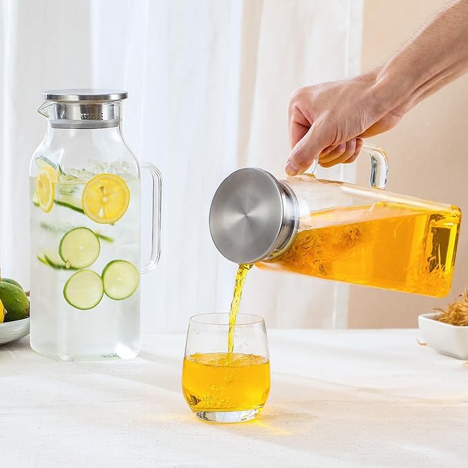 Netany 4 Pack 2 Liters/68 oz Square Glass Pitcher with Lid and Handle for Fridge, Iced Tea and Coffee Carafe Beverage Serveware, Heat Resistant Borosilicate Water Jug for Hot/Cold Drinks and Milk