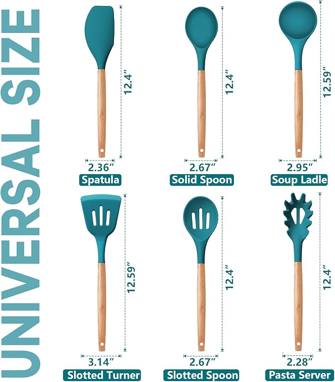 P&P CHEF Cooking Utensils Set, 6 PCS Kitchen Utensils with Wooden Handle, Silicone Spatula for Nonstick Cookware, Easy Clean & Non-toxic, Blue