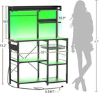 Aheaplus Bakers Rack with Power Outlet and LED Light Strings, Microwave Oven Stand Kitchen Storage Shelf with Wire Basket, Coffee Bar Station Island Table with 10 Hooks for Spices, Pots, Pans, Black