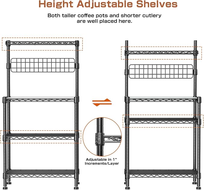 Leteuke Bakers Rack with Storage for Kitchen, NSF Certified 4-Tier Adjustable Coffee Cart Station with Wheels 10 S-Hooks Microwave Stand Kitchen Storage Shelf Metal Storage Rack 30 x 14 x 59 Inches, B