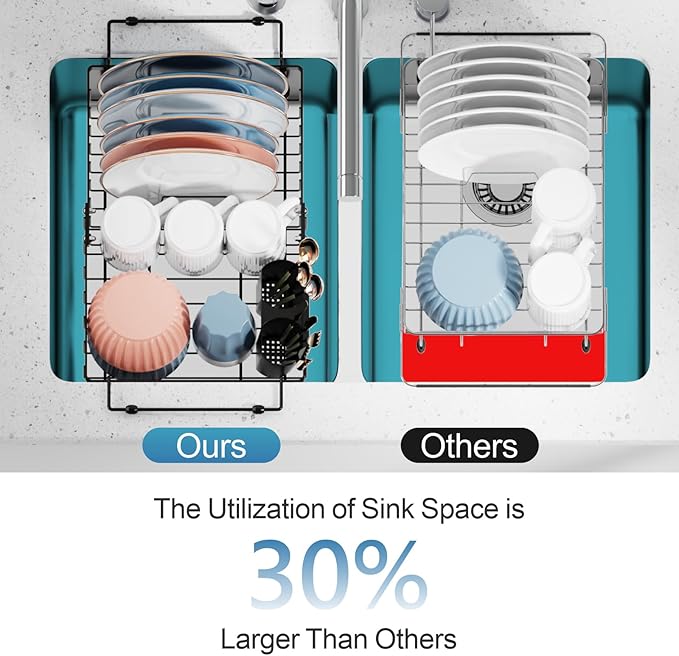 iSPECLE Expandable in Sink Dish Drying Rack with Mat - Adjustable Capacity Over The Sink Dish Drainer Drying Rack with Utensil Holder, 12.4"-17.1" L x 12" W, Black