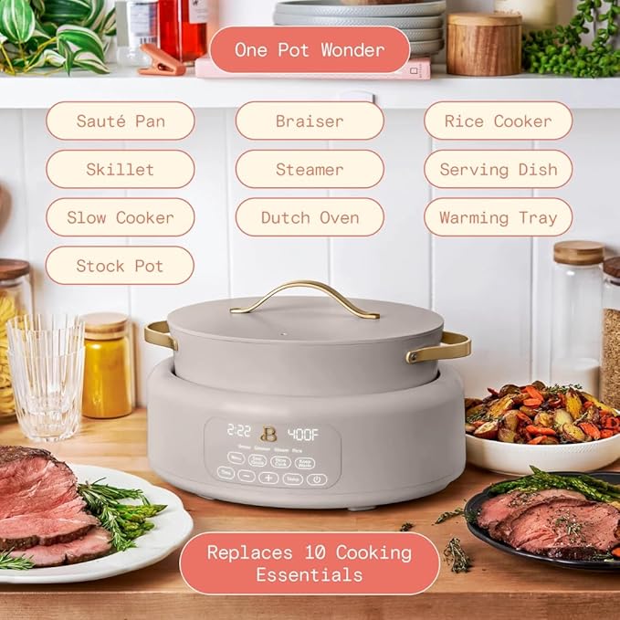 Beautiful 10-in-1 6-Quart Electric Multi-Cooker with Ceramic Coated Pot, Oven Safe to 400°F, Easy Cleanup & Multi-Function Cooking, by Drew Barrymore (Porcini Taupe)