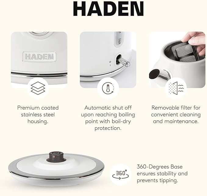 Haden Dorset 1.7 Liter Stainless Steel Electric Kettle, Hot Water Kettle with 360-Degree Base and Auto Shutoff, Ivory & Chrome