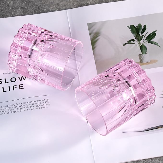 KAMMAK Crystal Whiskey Glasses Set of 2, 7.61 oz (225 ml) Hand Blown Old Fashioned Tumbler, Pink Thick Base Glass with Delicate Rim & Seamless Design for Scotch, Bourbon, Cocktails, Lead-Free Barware