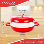 Shallow Cast Iron Casserole with Lid – Non Stick Dutch Oven Pot, Oven Safe up to 500° F – Sturdy Ovenproof Stockpot Cookware – Enamelled Cooking Pot – Red, 5-Quart, 32cm – by Nuovva