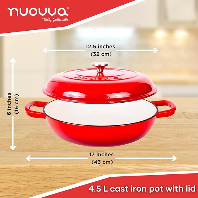 Shallow Cast Iron Casserole with Lid – Non Stick Dutch Oven Pot, Oven Safe up to 500° F – Sturdy Ovenproof Stockpot Cookware – Enamelled Cooking Pot – Red, 5-Quart, 32cm – by Nuovva