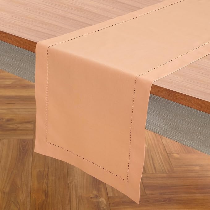 Solino Home Cotton Linen Table Runner 48 Inches - Peach Bloom Hemstitch Table Runner 14 x 48 Inch Ideal for Dresser and Coffee Tables - Summer