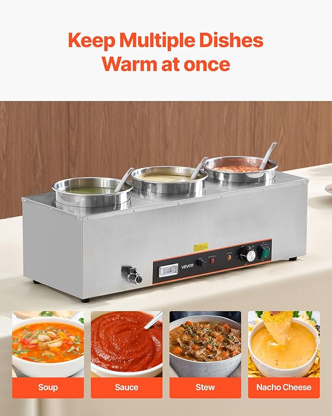 VEVOR Electric Soup Warmer, Three 6.34QT Stainless Steel Round Pot with 86~185°F Adjustable Temp, 1500W Commercial Bain Marie with Anti-Dry Burn and Reset Button, Soup Station for Restaurant, Buffet