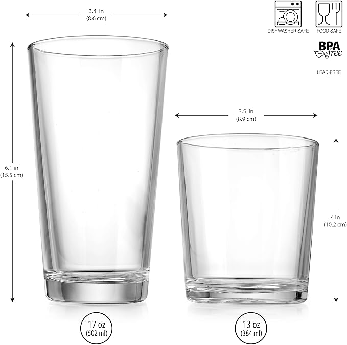 Glaver's Drinking Glasses Set of 12. Glassware set, 6 Highball Glass Cups, 6 Whiskey glasses.17 oz Tall Glass Set and 13 oz Rock Glasses. Classic Drinkware Set