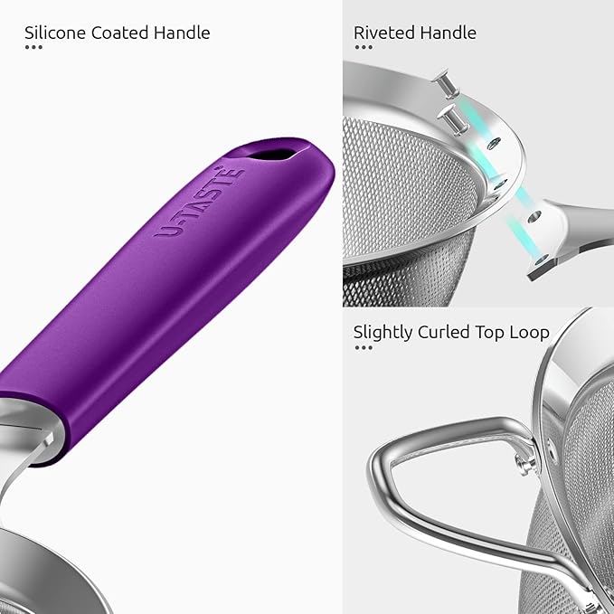 18/8 Stainless Steel Mesh Strainer: U-Taste 5.5 Inch Kitchen Fine Mesh Sieve Food Colander with Riveted Sturdy Silicone Handle and 30 Mesh Hole for Straining Flour, Pasta, Fruit, Quinoa (Purple)