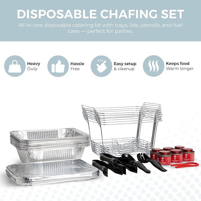 Alpha Living 6 Pack - Disposable Chafing Dish Buffet Set, Half Size Pans, Welded Body Food Warmers for Parties, Fuel Cans Complete Set, Warming Trays