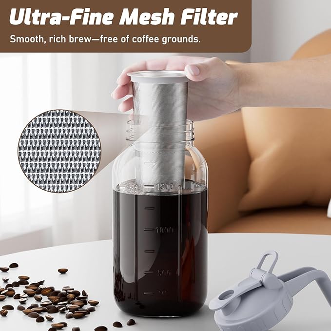 Cold Brew Coffee Maker Jar - 64oz Thick Glass Multipurpose Mason Pitcher Spout Lid with Handle & Stainless Steel Filter for Iced Coffee, Lemonade, Ice Tea, Homemade Fruit Drinks Container（2Pack）