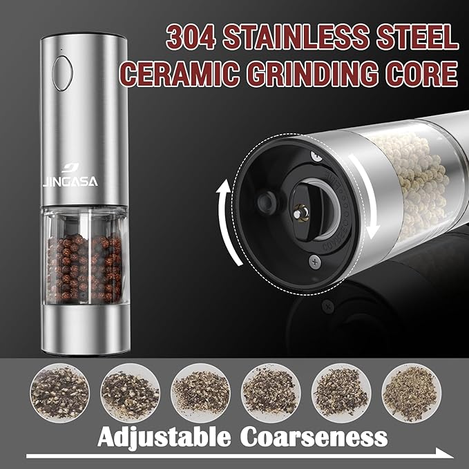 [Upgraded Larger Capacity] Electric Salt and Pepper Grinder Set with USB Charging Base, 95ml Large Capacity, Adjustable Coarseness,Stainless Steel Automatic Pepper Mill (Upgraded Capacity-A)