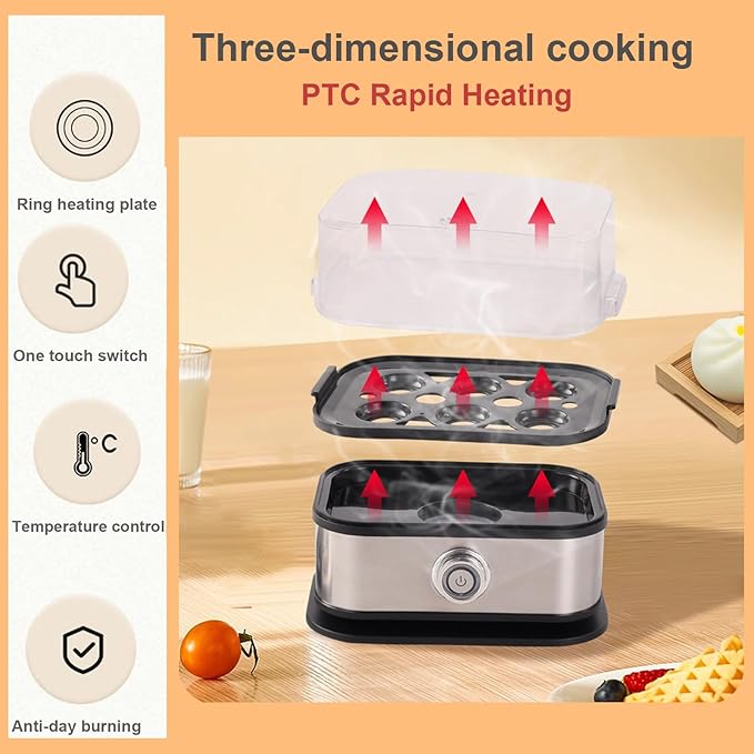 Rapid Egg Cooker, 6 Eggs Capacity Egg Boiler, Hard, Medium, Soft Boiled Egg Poacher with Auto Shut-Off and Alarm, Stainless Steel Electric Egg Steamer for Home Kitchen (Black)