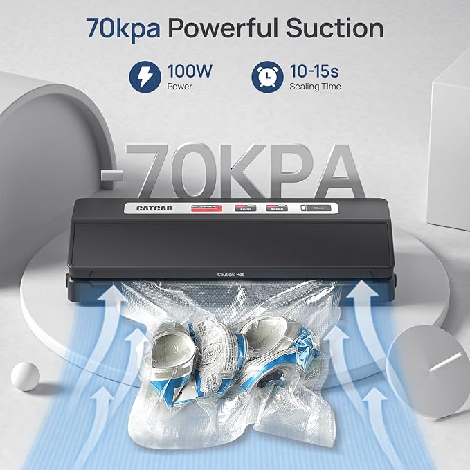 Vacuum Sealer Machine for Food Saver, 70kpa Powerful Suction Compact 7-in-1 Automatic Food Sealer for Sous Vide & Food Storage, Dry/Moist/Strong/Gentle Mode, Removable Drip Tray | 2 Bag Rolls, Black