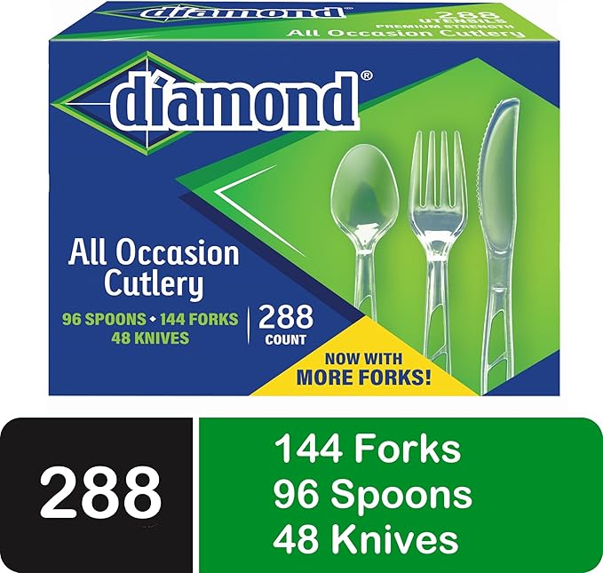 288 Count Diamond® Premium Clear Full-Size Cutlery - Includes 144 Forks, 96 Spoons, 48 Knives, Disposable Plastic Utensils, Plasticware, Silverware