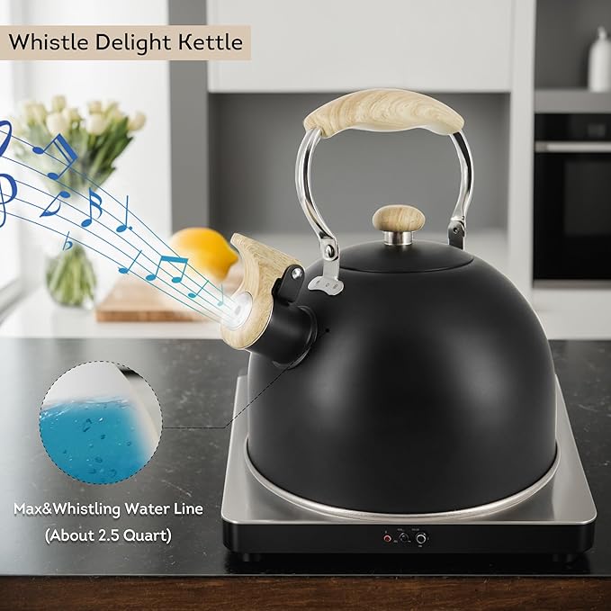 Lily's Home Whistling Tea Kettle, Teapot for Stovetop, Pleasant Whistle Sound, Heat Resistant Plastic Handle – Faux Wood Finish, Non Toxic Stove Kettle for Boiling Water - 2.5 Quarts (Black)