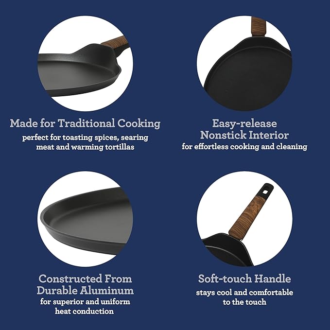 Oster Platinum Oxburg 11 Inch Frying Pan/Comal/Flat Pancake Pan Forged Aluminum PFA Free Non-toxic Premium Ceramic Non Stick Interior Skillet, Kitchen Egg Pan, Omelet Pan - Black w/Wood Handles