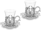 Alisveristime (Set of 2 Turkish Tea Set with Zamac Holders, Glass Cups, and Saucers – Ahsen Ottoman Design, 100ml Capacity, Available in Gold or Silver Color (Silver)