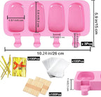 3pcs Large Silicone Popsicle Molds Set,BZIDII 4 Cavities Cake Pop Molds,Oval Ice Cream Bar Mold Ice Pop Cakesicle Molds Silicone with 100 Wooden Sticks & 100 Bags &100 Twist Ties(Pink)