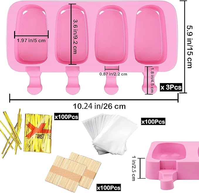 3pcs Large Silicone Popsicle Molds Set,BZIDII 4 Cavities Cake Pop Molds,Oval Ice Cream Bar Mold Ice Pop Cakesicle Molds Silicone with 100 Wooden Sticks & 100 Bags &100 Twist Ties(Pink)
