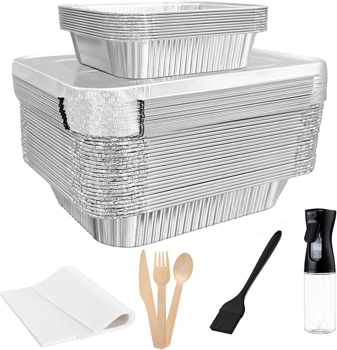 35 Pack 9×13 Disposable Aluminum Pans with Lids(25pc) & 8×8 Aluminum Foil Pans(10pc),Tin Foil Pans Kit Comes with Baking Parchment and Oil Sprayer.