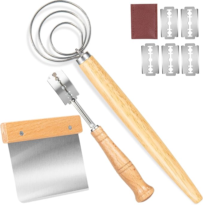 Danish Dough Whisk - Bread Making Tool Set of 3 Pieces, Kitchen Bench Scraper, Sourdough Lame with 5 Pc Blades, Dough Scoring Tool Essential Kit for Making Bread, Sourdough, Pizza, Hamburger, Pastries