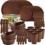 Plastic Dinnerware Sets – Brown Plastic Plates, 40-Piece Reusable Dishes Set for 8 with Cups, Forks, Knives and Spoons, Unbreakable Plates and Bowls for Camping, Outdoor Use