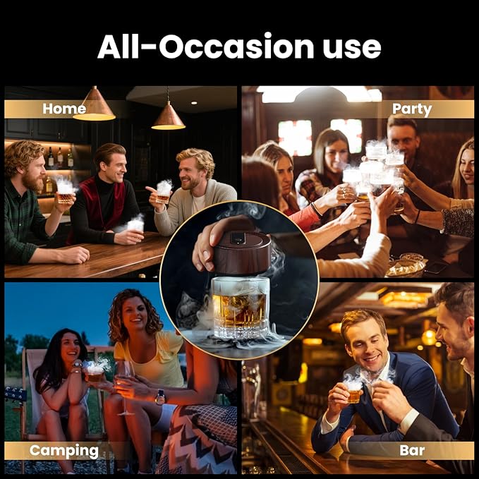 Vintage Electric Whiskey Smoker Kit with 8 Wood Chip Flavors – Rechargeable Whiskey Smoker with Built-in Ignition, Fuel-Free – For Men, Dad, Husband on Special Occasions – Wood Grain Design