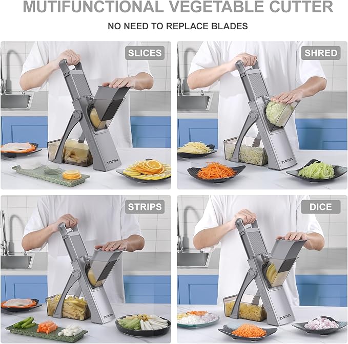 [All in 1] Upgraded Version Safe Mandoline Slicer for Kitchen, Adjustable Thickness. and Spiralizer, Veggie Slicer, Rapid Prep Mandoline, Detachable Blade, Cleaning Brush (High-grade Gray)