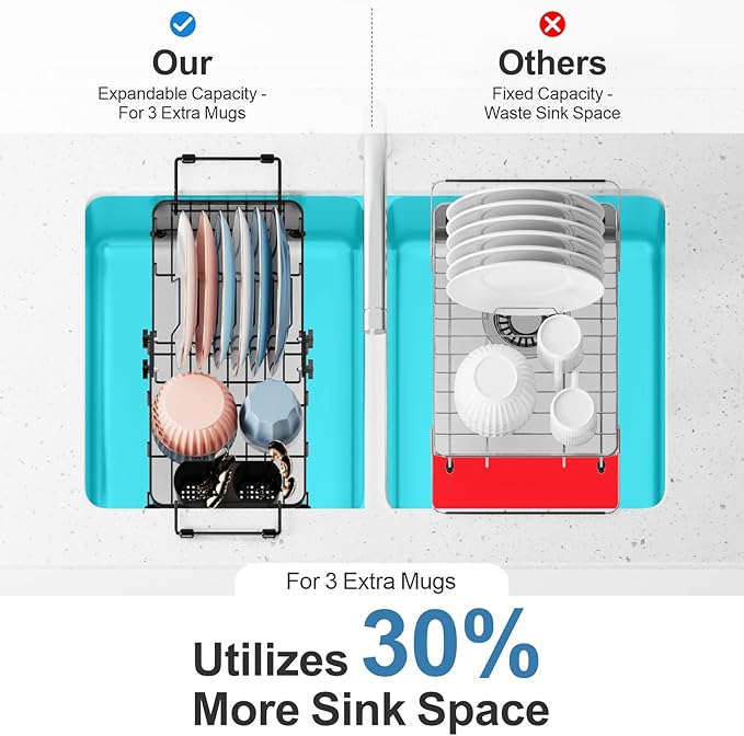 iSPECLE in Sink Dish Drying Rack with Mat, Capacity Expandable Small Dish Rack Over Sink, Black