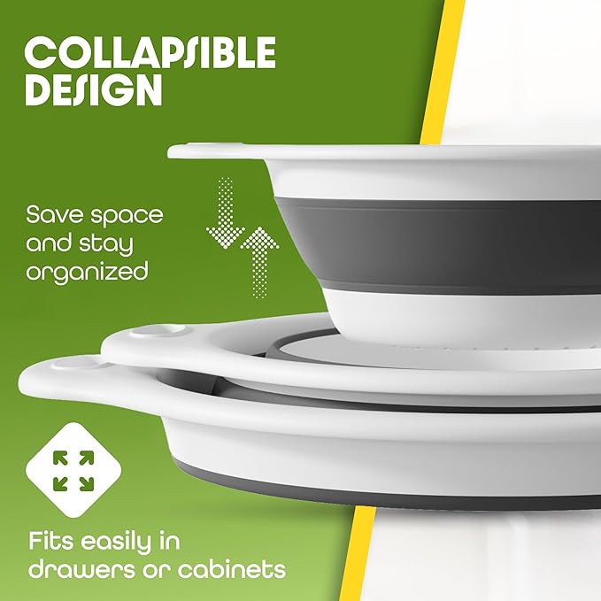 Collapsible Colanders (3 Pack Set) Food Strainers with Over-Sink Water Draining Base for Pasta Fruits and Vegetables, White (3 Sizes, 3QT, 4QT and 5 Quart)
