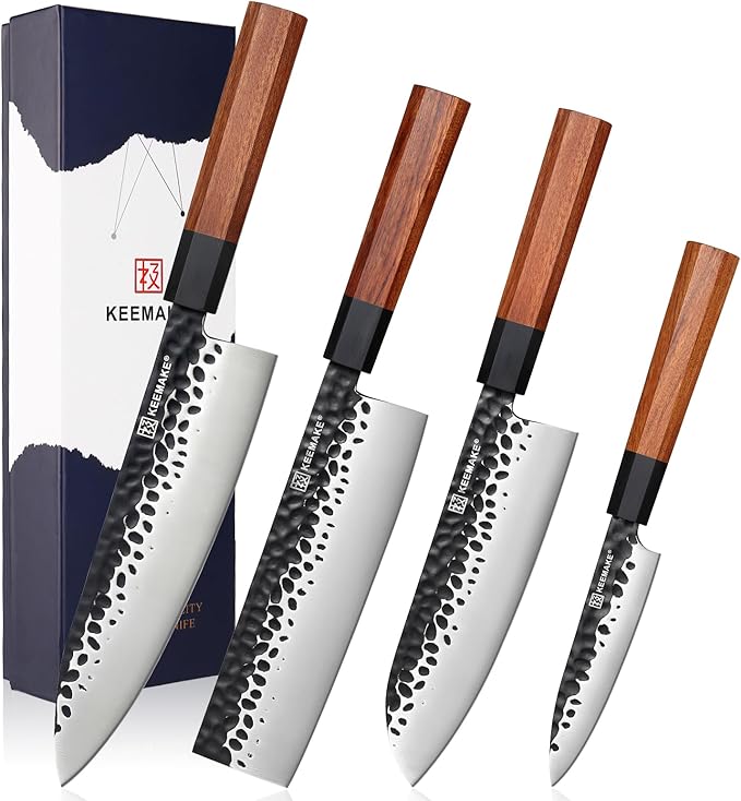 KEEMAKE Kitchen Knife Set 4-pcs - Professioanl Sharp Knife Set with Japanese 440C Stainless Steel Blade with Octagon Rosewood Handle knives Set for Kitchen with G11 Bolster Kitchen Knives