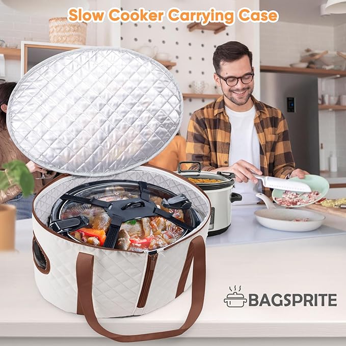 BAGSPRITE Slow Cooker Carrying Case Compatible with 6-8 Quart Crockpot Carrier for Hot Food and Hamlton Beach Slow Cooker Tote with Lid Fastener for Crock-pot Dust Cover Applicances