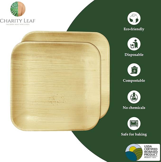 8" Square Palm Leaf Plates (50-pack) | Eco-friendly, Heavy Duty | For Parties, Weddings, BBQs & Catering