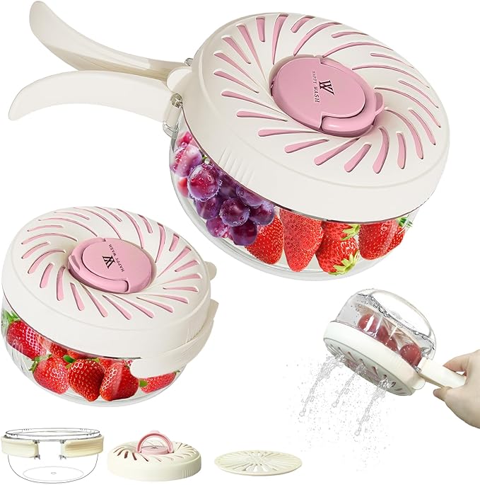2 Pcs, Fruit Washing Bowl with Strainer, fruit strainer container with lid, Portable Fruit Colander with Collapsible Handle, Strawberries Container Salad Stir for Kitchen Picnic, Large & Small