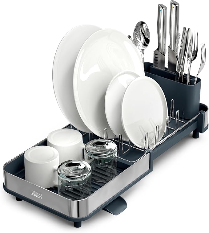 Joseph Joseph Extend Slim Steel Expandable Dish Drying Rack with Removable Cutlery Holder and Swivel Draining Spout, Compact Design, Grey