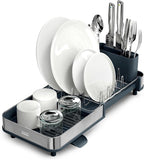 Joseph Joseph Extend Slim Steel Expandable Dish Drying Rack with Removable Cutlery Holder and Swivel Draining Spout, Compact Design, Grey