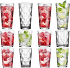 Set of 12 Elegant Everyday Stackable Drinking Glasses - Includes 4-17oz Highball Tumbler Glassware, 4-13oz DOF Rock Glasses, 4-7oz Juice Glasses for Mixed Drinks, Water, Beer, Wine.