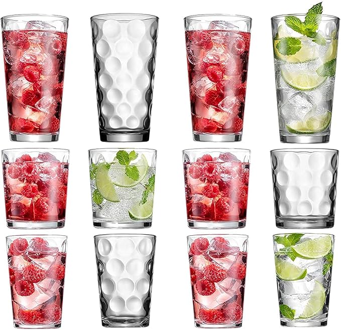 Set of 12 Elegant Everyday Stackable Drinking Glasses - Includes 4-17oz Highball Tumbler Glassware, 4-13oz DOF Rock Glasses, 4-7oz Juice Glasses for Mixed Drinks, Water, Beer, Wine.