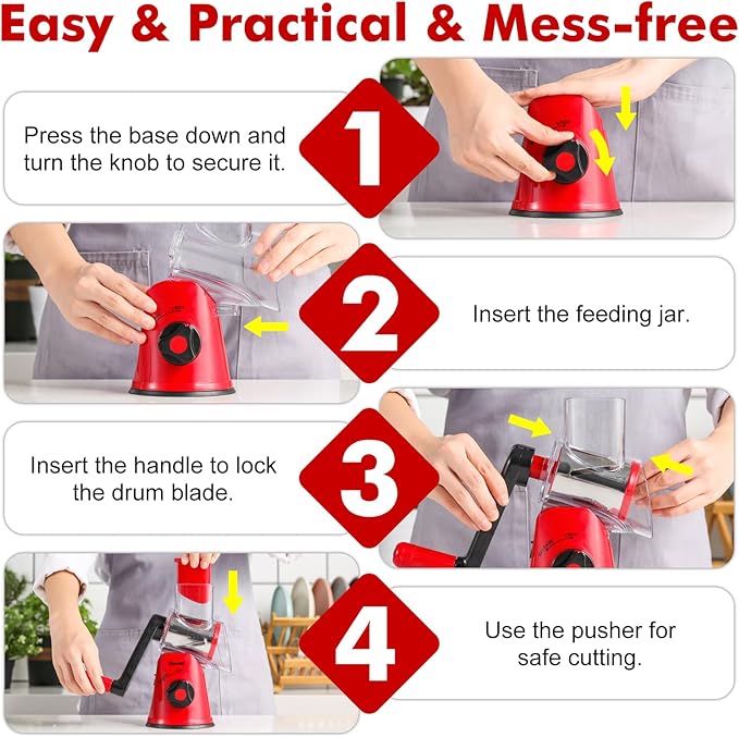 Cheese Grater Rotary, Rotary Grater for Kitchen, Kitchen Grater Vegetable Slicer with 3 Drum Blades, Fast Cutting Cheese Shredder for Vegetables and Nuts