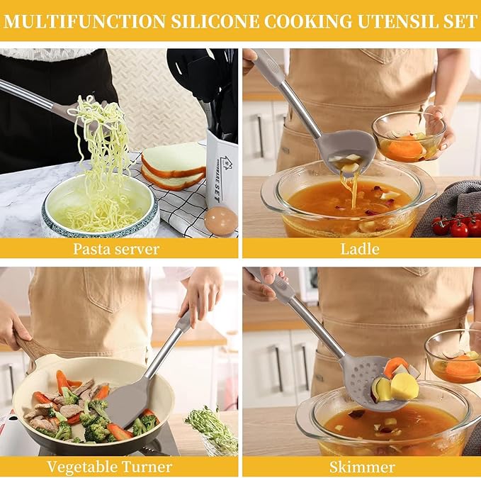 Silicone Kitchen Cooking Utensils Set with Stainless Steel Handle, Spatula Set Utensil Set, Cooking Utensil Set,Kitchen Tools Gadgets for Nonstick Cookware (35, Khaki)