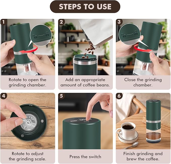 Portable Electric Coffee Grinder Stainless Steel Conical Burr Coffee Grinder with 45 Adjustable Settings Rechargeable Coffee Bean Grinder with LED Display for Home, Travel, Camping, Office-Dark Green
