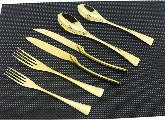 Golden Flatware Set 18/10 Stainless Steel Mirror Polished Gold Cutlery - Silverware Utensil Set of Steak Knife Dinner Fork Knife Spoon Salad Fork Dessert Spoon,24 Piece Service for 4