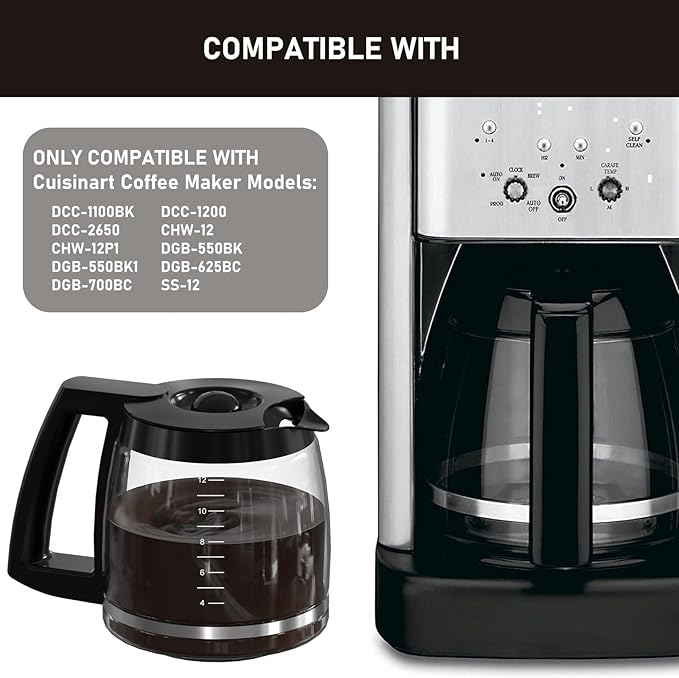 12-Cup Coffee Pot Replacement Compatible with Cuisinart Coffee Maker Models SS-12, SS-15, SS-16, DCC-1100BK, DCC-1200, DCC-2650, CHW-12P1, DGB-400, DGB-550BK, DGB-550BK1, DGB-625BC and DGB-700BC