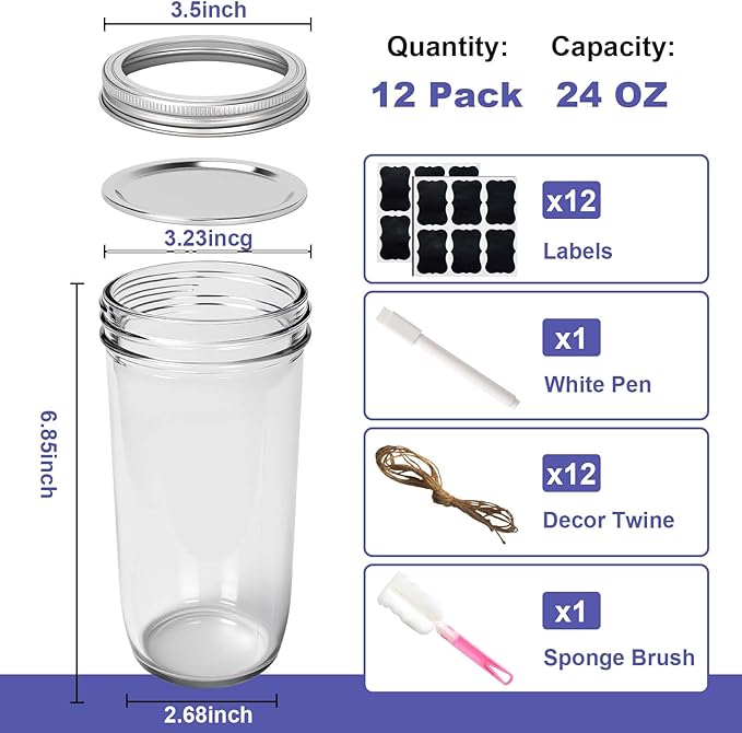 Wide Mouth Mason Jars 24 oz with Lids, Glass Jars with Airtight Lids and Band, Safe for Canning, Food Storage, Pickling, Overnight Oats Container, Pint and A Half Size (Pack of 12)